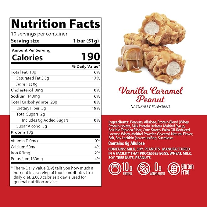 Genius Gourmet Protein Nut Roll Bars Vanilla Caramel Peanut - 10g Protein, Zero Added Sugar, Gluten Free, Non-GMO - Sweet Protein Snack & Protein Dessert for Adults and Kids - 10 Ct Box