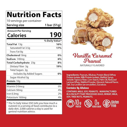 Genius Gourmet Protein Nut Roll Bars Vanilla Caramel Peanut - 10g Protein, Zero Added Sugar, Gluten Free, Non-GMO - Sweet Protein Snack & Protein Dessert for Adults and Kids - 10 Ct Box