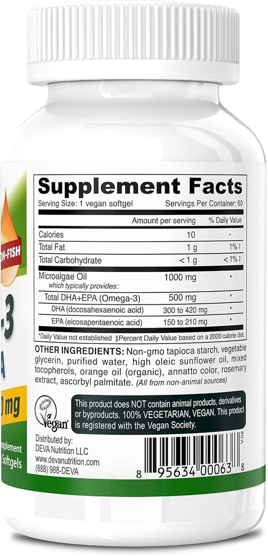 DEVA Vegan Omega-3 DHA EPA Supplement 500 MG Omega-3 Fatty 60 Softgels 2)