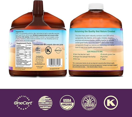 Lily of the Desert Aloe Vera Juice - Organic, Preservative-Free Inner Fillet Aloe Vera Drink with Natural Digestive Enzymes for Gut Health, Stomach Relief, Wellness, Glowing Skin, 128 Fl Oz