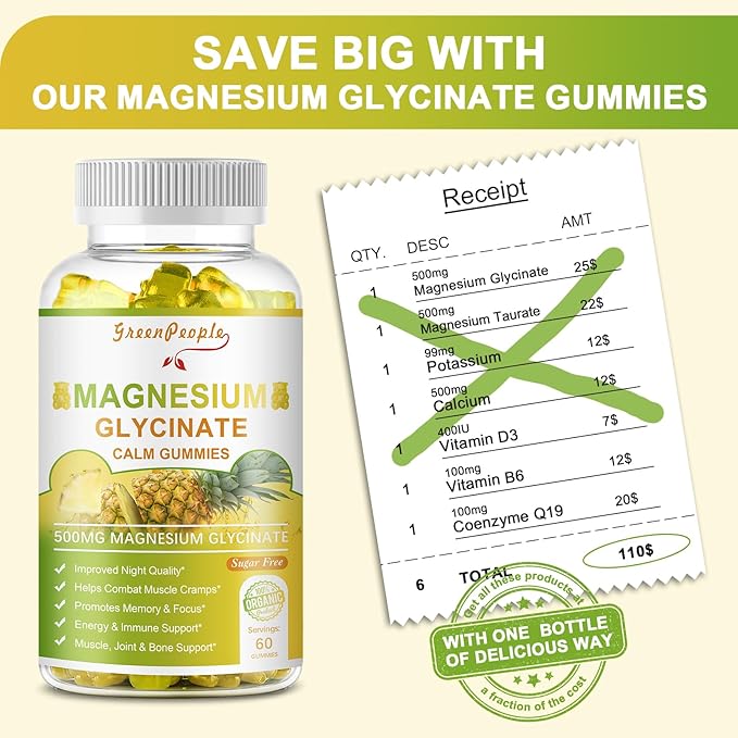 Magnesium Glycinate 500mg Gummies with Citrate 1000mg, Taurate 500mg & 200mg - 60 Pineapple