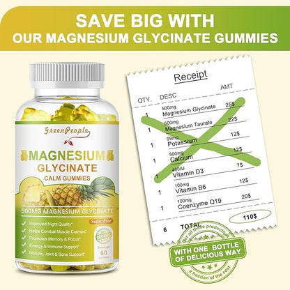 Magnesium Glycinate 500mg Gummies with Citrate 1000mg, Taurate 500mg & 200mg - 60 Pineapple
