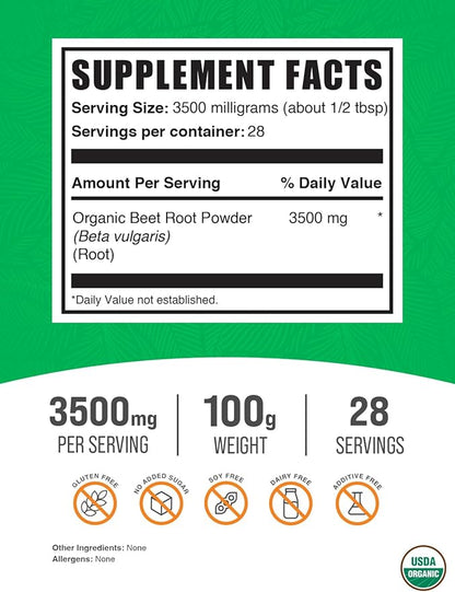 BulkSupplements.com Organic Beet Root Powder - Beet Powder Organic, Beetroot Supplement - Superfood Supplement, Vegan & Gluten Free - 3500mg per Serving, 100g (3.5 oz) (Pack of 1)