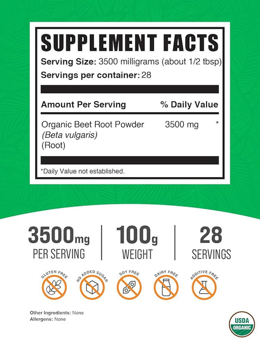 BulkSupplements.com Organic Beet Root Powder - Beet Powder Organic, Beetroot Supplement - Superfood Supplement, Vegan & Gluten Free - 3500mg per Serving, 100g (3.5 oz) (Pack of 1)