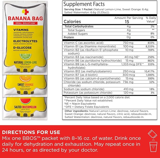 Banana Bag Oral Solution Packets – Natural Lemon Lime 30pk | A Refreshing Blend of Electrolytes, Vitamin C, and B-Complex for Daily Hydration and Energy | Perfect for Any Lifestyle.