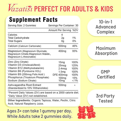 2 Pack Calcium Magnesium Zinc Gummies D3 & B12, Sugar
