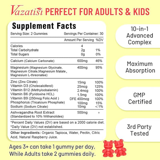 2 Pack Calcium Magnesium Zinc Gummies D3 & B12, Sugar