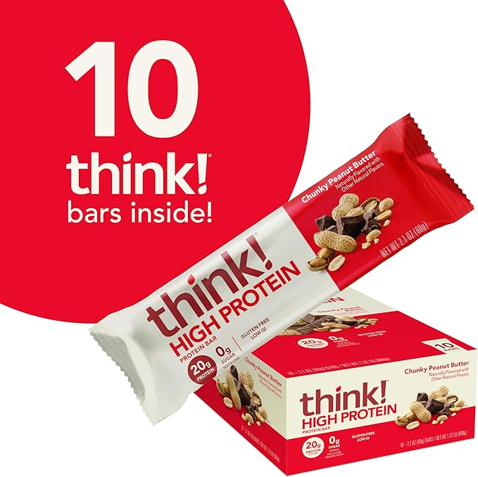 think! Protein Bars, High Protein Snacks, Gluten Free, Kosher Friendly, Chunky Peanut Butter, Nutrition Bars, 2.1 Oz per Bar, 10 Count (Packaging May Vary)
