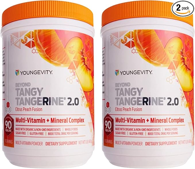 Youngevity Beyond Tangy Tangerine 2.0 Citrus Peach Ultimate Multi-Vitamin & Mineral Complex - Made with Natural & Whole Foods | 8,000 ORAC | 2 Canisters