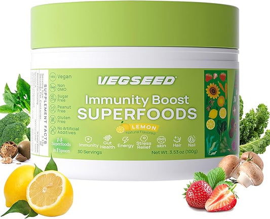 Immunity Greens Superfoods Powder,Immunity, Gut Health, Energy, Stress Relief, Skin, Nails, Hair, Improve Sleep, Overall Health, Multi-Vitamins&Minerals, 30SVG, 100 Grams