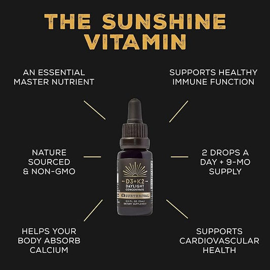 Surthrival: Vitamin D3+K2 Daylight Concentrate, AKA The Sunshine Vitamin, 0.5 oz, Approx. 270 Servings, Supports Immune, Cardiovascular & Bone Health