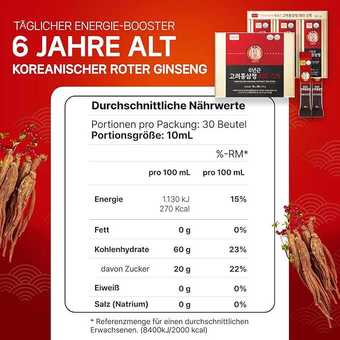 6-Year Korean Red Ginseng Extract 365 | 30 Sticks | Vegan | 7mg Ginsenosides per Stick | Energy, Focus, Fatigue, Immune Support | Supplement for Men & Women