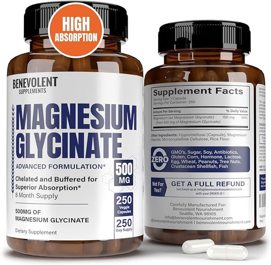 Premium Magnesium Glycinate 500mg Capsules High 250 Capsules