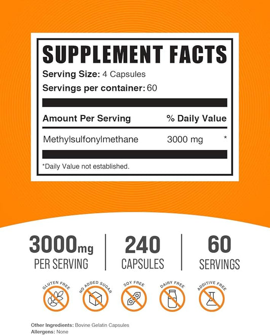 BulkSupplements.com MSM Capsules - Methylsulfonylmethane, MSM Supplement Capsules, MSM 3000mg - Joint Supplements, Gluten Free, 4 Capsules per Serving, 240 Capsules (Pack of 1)