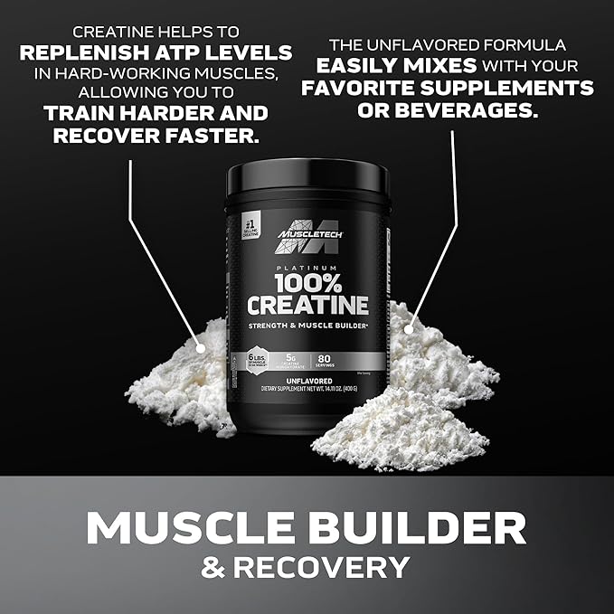 Creatine Monohydrate Powder MuscleTech Platinum Pure Micronized Muscle Recovery + Builder for Men & Women Workout Supplements Unflavored (80 Servings)