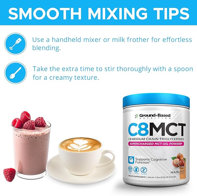 Ground-Based Nutrition C8 MCT Oil Powder – Supercharged Medium Chain Triglycerides MCT Oil Powder – Vegan-Friendly, Non-GMO Powdered C8 MCT Oil, Ketogenic MCT Coffee Creamer, No Stevia (Hazelnut)