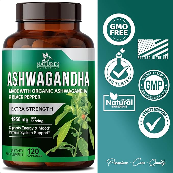 Nature's Nutrition Organic Ashwagandha Capsules Extra 1950mg - 120 Capsules