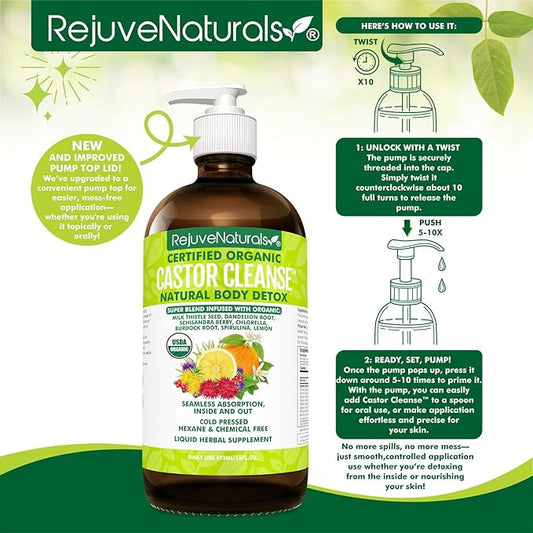 RejuveNaturals Castor Cleanse™ - USDA Organic Castor Oil, Chlorella, Spirulina, Roots & Greens for Wellness, Digestive Support, Daily Balance. 3-Month Supply Gut Cleanse Detox for Women & Men - 16oz.