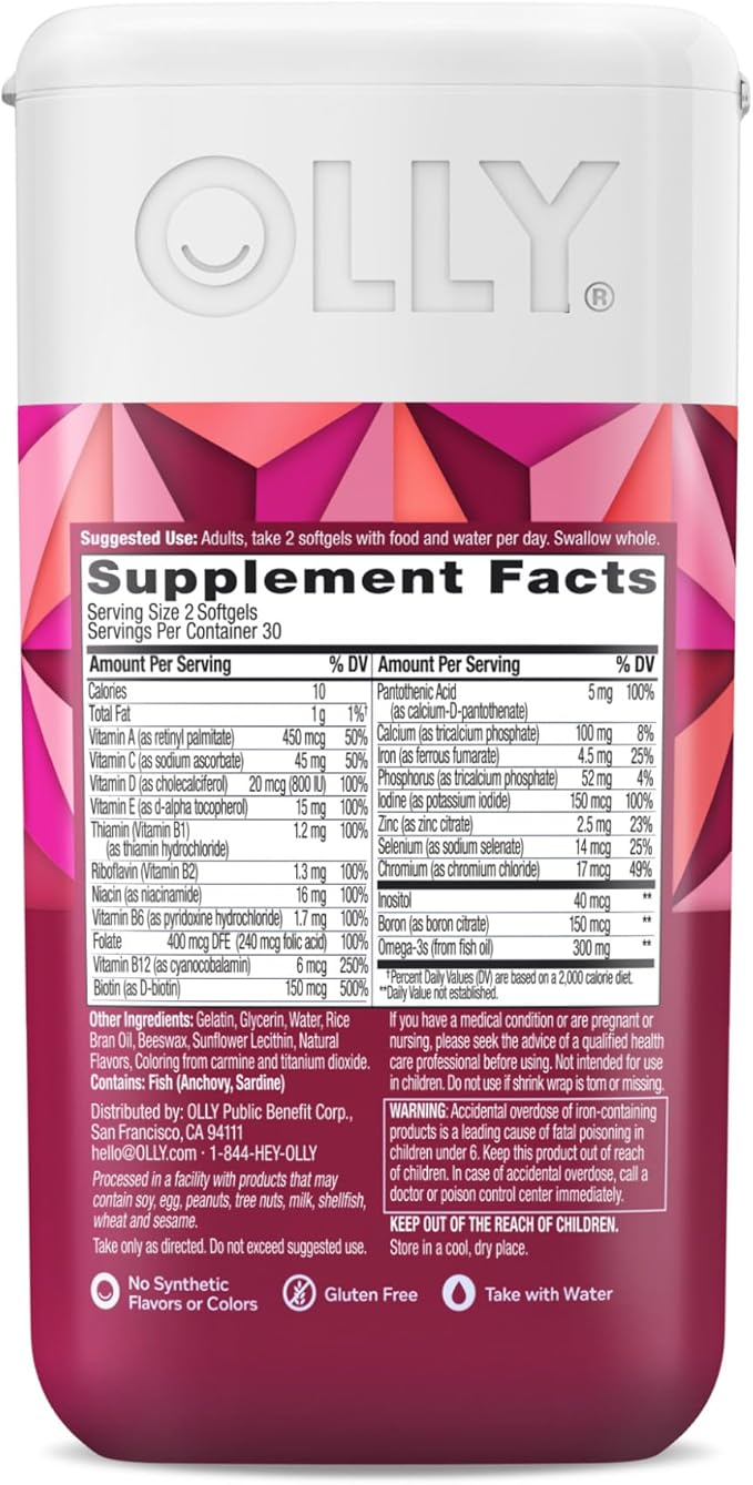 OLLY Ultra Women's Multi Softgels, Overall Omega-3s, Iron, B12, Daily 30 Day 60 Count