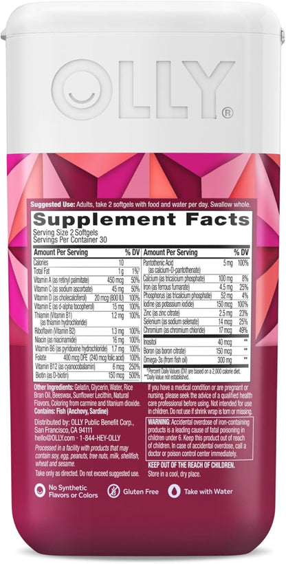 OLLY Ultra Women's Multi Softgels, Overall Omega-3s, Iron, B12, Daily 30 Day 60 Count