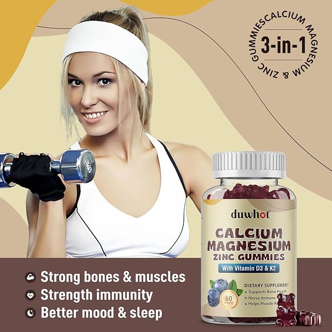 Calcium Magnesium Zinc Gummies with Vitamin D3 & K2, Chewable 60 Count