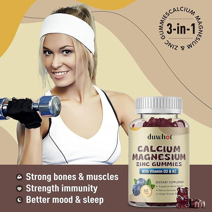 Calcium Magnesium Zinc Gummies with Vitamin D3 & K2, Chewable 60 Count