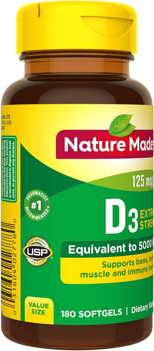 Nature Made Extra Strength Vitamin D3 5000 IU (125 mcg), 180 Softgels, 180 Day