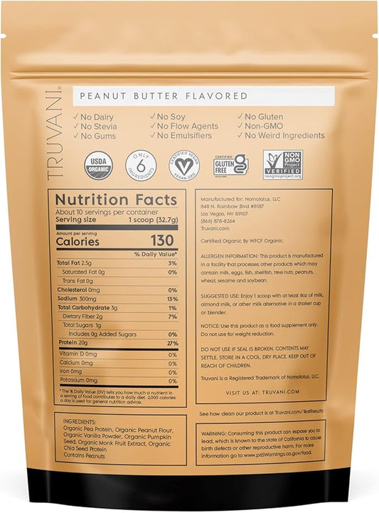Truvani Vegan Pea Protein Powder 20g Organic 10 Servings