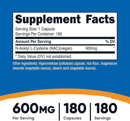 Nutricost N-Acetyl L-Cysteine (NAC) 600mg, 180 Capsules