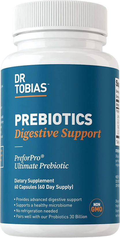 Dr. Tobias Prebiotics, Supports Digestion & Gut Health, Feed Good Probiotic Bacteria, Boost Gut Immune Function, Vegan & Non-GMO Gut Health Supplements for Men and Women, 60 Capsules, 60 Servings