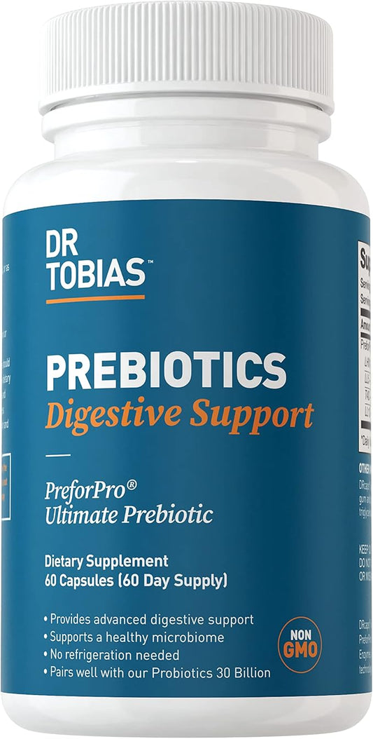 Dr. Tobias Prebiotics, Supports Digestion & Gut Health, Feed Good Probiotic Bacteria, Boost Gut Immune Function, Vegan & Non-GMO Gut Health Supplements for Men and Women, 60 Capsules, 60 Servings