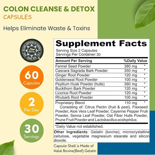 Premium Colon Cleanse & Herbal Detox Pills | 2x15 Days Supply | with Probiotics, Fennel Seed, Cascara Sagrada & Ginger Root Halal Vitamins