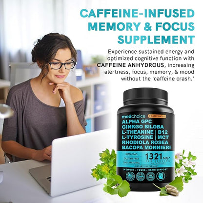 12-in-1 Nootropic Brain Supplement w/ Caffeine Anhydrous: Ginkgo Biloba for Brain Support, Memory & Focus - B12, Alpha GPC, L Theanine & Choline Supplements with Bioperine with 1321mg, 60ct (2 Pack)