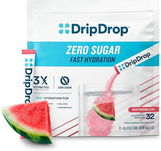 DripDrop Hydration - Zero Sugar Watermelon - Electrolyte Drink Mix Single Serve Powder Packets | Non-GMO, Gluten Free, Vegan | 32 Sticks
