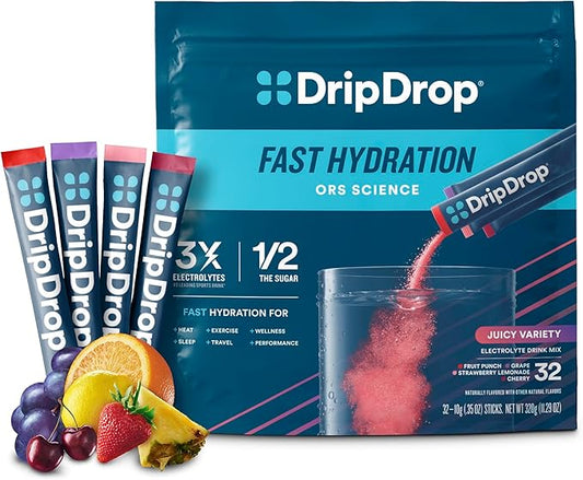 DripDrop Hydration - Juicy Variety Pack - Electrolyte Drink Mix Single Serve Powder Packets - Grape, Fruit Punch, Strawberry Lemonade, Cherry | Non-GMO, Gluten Free, Vegan | 32 Sticks