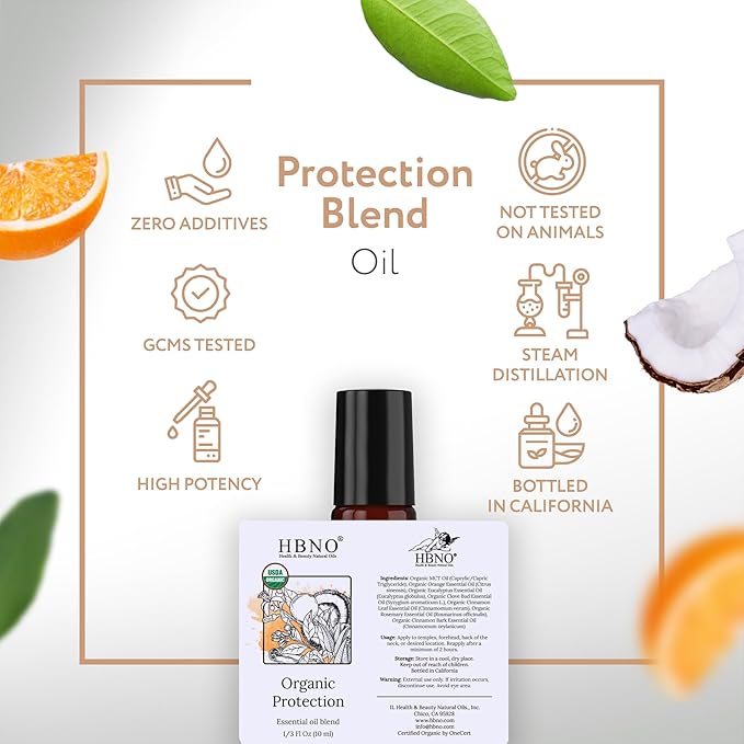 HBNO Organic Protection Blend and Mct Roll-on - 1/3 oz (10 ml) Travel Size - USDA Certified Organic - Perfect for Traveling, Aromatherapy, Massage, perfumes, moisturizer