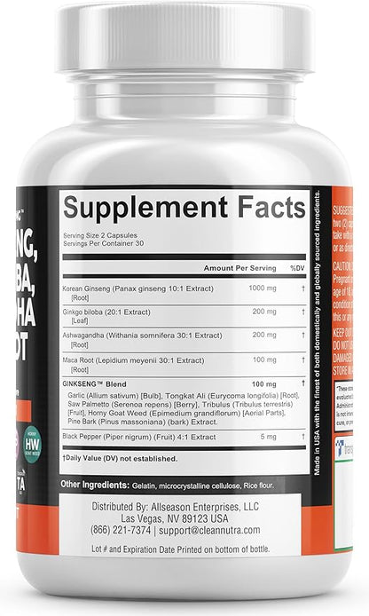 Clean Nutraceuticals Panax Ginseng 10000mg Ginkgo 4000mg Ashwagandha 3000mg - 60 Caps