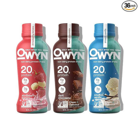 OWYN Only What You Need Protein Shake, 20g Vegan Protein, Ready to Drink, Dairy Free, Great Taste, 4g Sugar, 5g Net Carbs, Strawberry Banana Variety Pack, 12 Fl Oz (36 Pack)