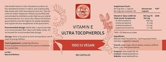 Kala Health Vitamin E 1000 IU 450mg Vitamin 4 Tocopherols