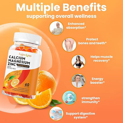 Calcium Magnesium Zinc Gummies for Adult: Organic 1000mg Calcium Citrate Magnesium Supplement with D3 B12 - Sugar Free High Absorption Supplement for Women Men (60 Count(Pack of 1))