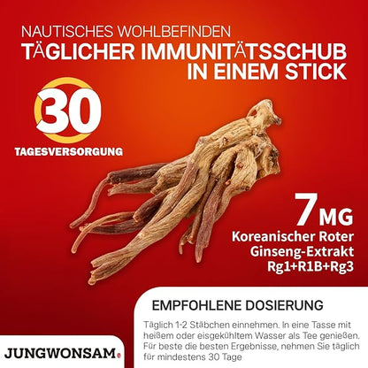 6-Year Korean Red Ginseng Extract 365 | 30 Sticks | Vegan | 7mg Ginsenosides per Stick | Energy, Focus, Fatigue, Immune Support | Supplement for Men & Women