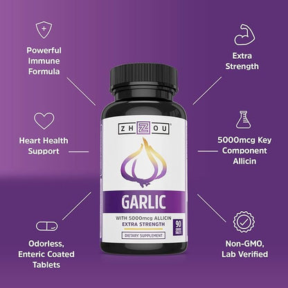 Zhou Nutrition Garlic Supplement With Allicin, Extra Strength 5000mcg Allicin Per Serving, Support Immune System, Blood Pressure And Cholesterol Health, 90 Servings