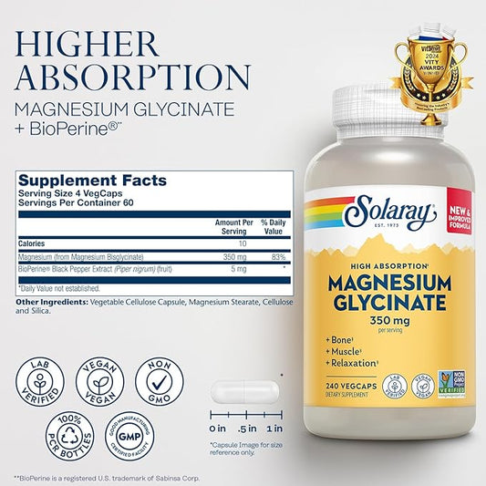 Solaray Magnesium Glycinate, New & Improved 60 Day 60 Servings, 240 VegCaps