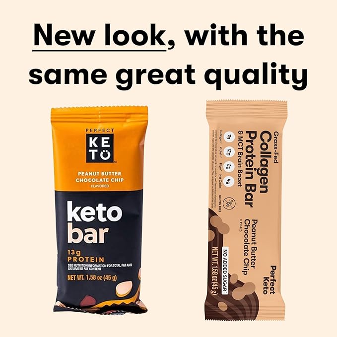 Perfect Keto Collagen Protein Bar, Gluten Free Grass Fed Collagen + MCT Oil, Low Carb, No Sugar Added, High Protein Snacks, Keto Diet Foods, 13g Protein, 18g Fat, 3g Net Carbs, Peanut Butter Chocolate Chip, 12 Bars