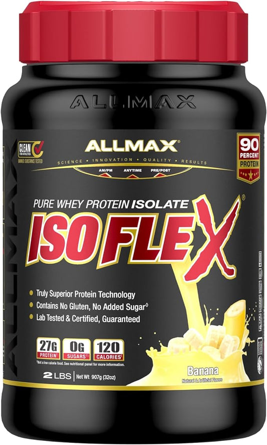 ALLMAX ISOFLEX Whey Protein Isolate, Banana - 2 lb - 27 Grams of Protein Per Scoop - Zero Fat & Sugar - 99% Lactose Free - Gluten Free & Soy Free - Approx. 30 Servings