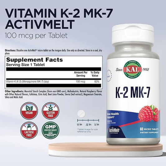 KAL Vitamin K2 MK7 ActivMelt 100 K2 MK7, MK7, Bone 60 Servings, 60 Micro