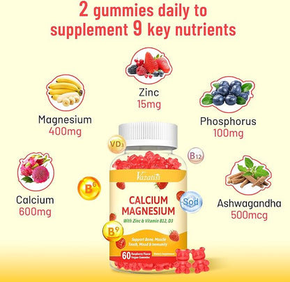 Calcium Magnesium Zinc Gummies with Vitamin D3 & B12, Sugar