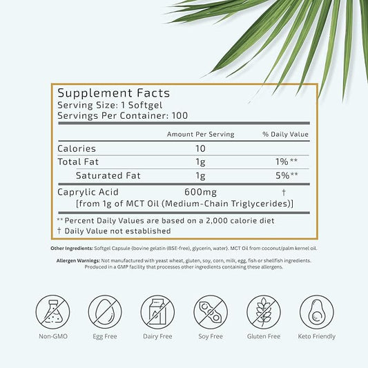 VTC VitaTradingCo. C8 MCT Oil Capsules | Naturally Derived Caprylic C8 Supplement | Coconut Oil Pills | Sustained Energy | Keto Friendly, Non GMO | 100 Softgels