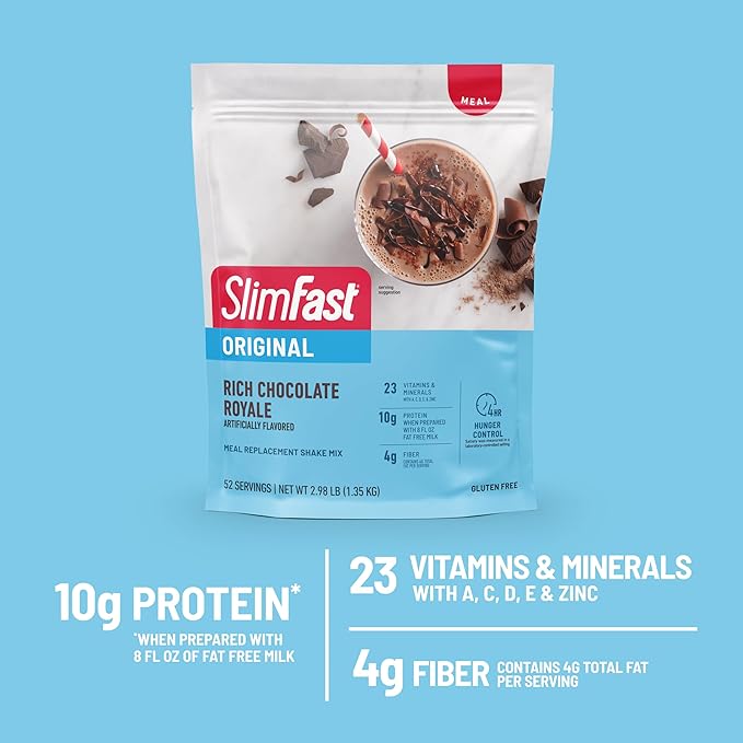 SlimFast Meal Replacement Powder, Original Rich Chocolate Royale, Weight Loss Shake Mix, 10g of Protein, 52 Servings (Packaging May Vary)