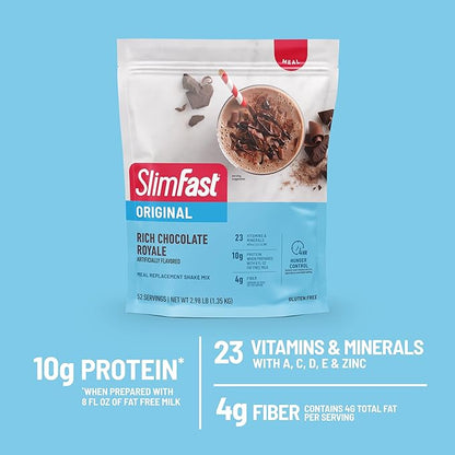 SlimFast Meal Replacement Powder, Original Rich Chocolate Royale, Weight Loss Shake Mix, 10g of Protein, 52 Servings (Packaging May Vary)